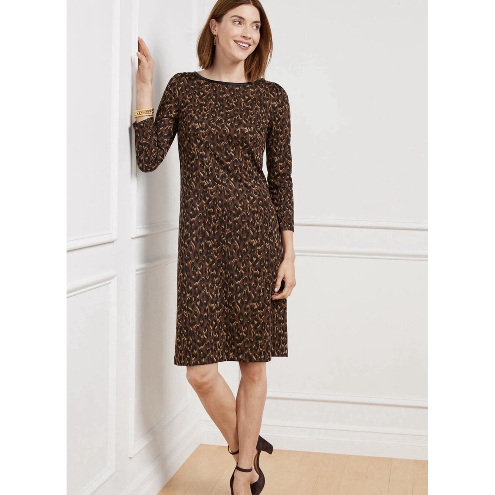 Talbots Leopard Faux Leather Trim A-Line Shift Dress Preppy Career Size 14
